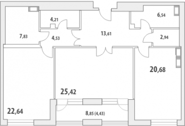 Двухкомнатная квартира 113.4 м²