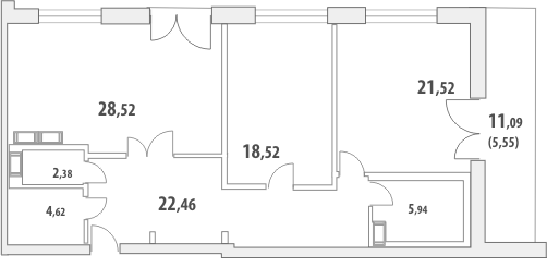 Двухкомнатная квартира 111.3 м²