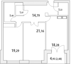 Двухкомнатная квартира 87.5 м²